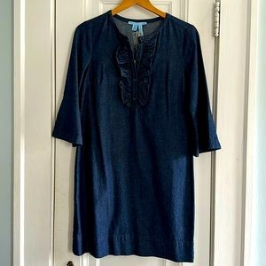 New DRAPER JAMES Chambray Denim Ruffle Shift Shirt Dress with 3/4 Sleeves Size 4